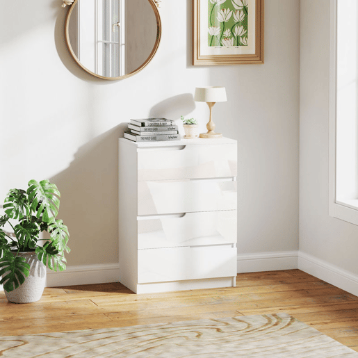 HOMCOM Cómoda com 4 Gavetas Cómoda de Dormitório Moderna com Sistema Anti-Tombo Cómoda para Sala de Estar Corredor 60x40x85 cm Branco