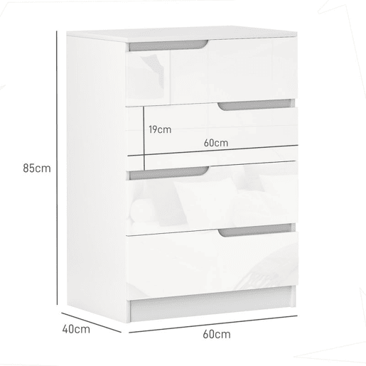 HOMCOM Cómoda com 4 Gavetas Cómoda de Dormitório Moderna com Sistema Anti-Tombo Cómoda para Sala de Estar Corredor 60x40x85 cm Branco