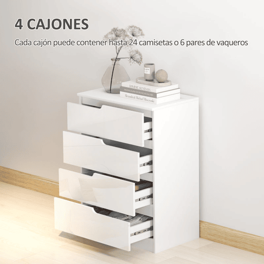 HOMCOM Cómoda com 4 Gavetas Cómoda de Dormitório Moderna com Sistema Anti-Tombo Cómoda para Sala de Estar Corredor 60x40x85 cm Branco