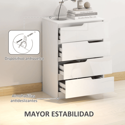 HOMCOM Cómoda com 4 Gavetas Cómoda de Dormitório Moderna com Sistema Anti-Tombo Cómoda para Sala de Estar Corredor 60x40x85 cm Branco