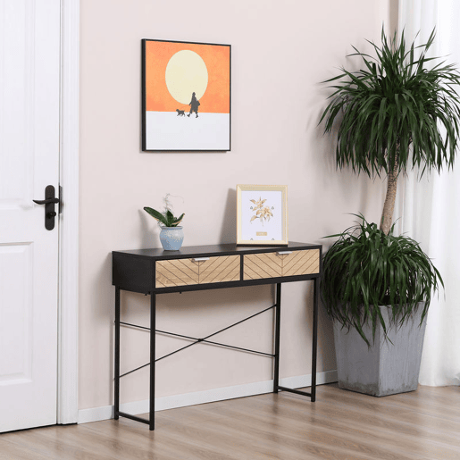 HOMCOM Mesa Consola 100x30x75cm Mesa de Entrada Moderno com 2 Gavetas de Armazenamento e Estrutura de Metal para Corredor Sala de Estar Preto e Madeira
