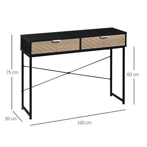 HOMCOM Mesa Consola 100x30x75cm Mesa de Entrada Moderno com 2 Gavetas de Armazenamento e Estrutura de Metal para Corredor Sala de Estar Preto e Madeira