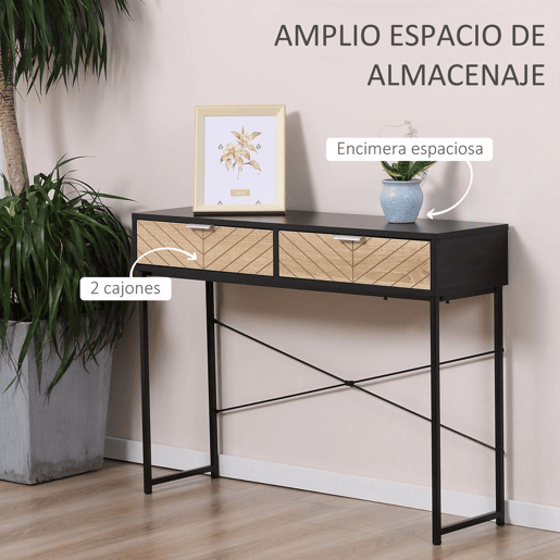 HOMCOM Mesa Consola 100x30x75cm Mesa de Entrada Moderno com 2 Gavetas de Armazenamento e Estrutura de Metal para Corredor Sala de Estar Preto e Madeira