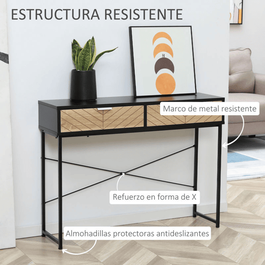 HOMCOM Mesa Consola 100x30x75cm Mesa de Entrada Moderno com 2 Gavetas de Armazenamento e Estrutura de Metal para Corredor Sala de Estar Preto e Madeira