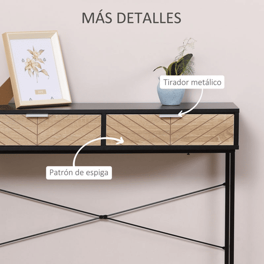 HOMCOM Mesa Consola 100x30x75cm Mesa de Entrada Moderno com 2 Gavetas de Armazenamento e Estrutura de Metal para Corredor Sala de Estar Preto e Madeira