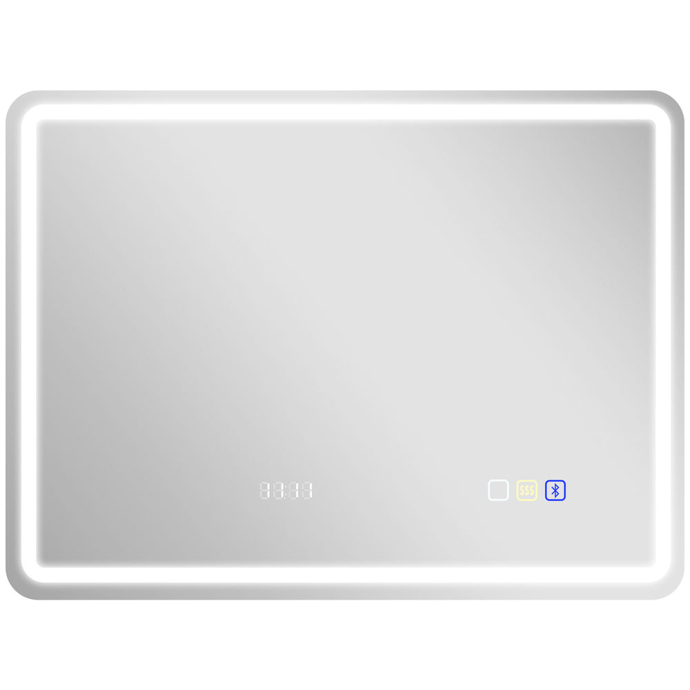 Homcom espejo de baño con luz led 80x60 cm bluetooth espejo de pared con 3 colores de luz reloj digital brillo ajustable función antivaho función de memoria interruptor táctil ip44