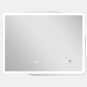 HOMCOM Espelho de Casa de Banho com Luz LED 80x60 cm Espelho de Parede com Bluetooth 3 Cores de Luz Relógio Digital Função Antiembaciamento Função de Memória Interruptor Tátil IP44 Prata