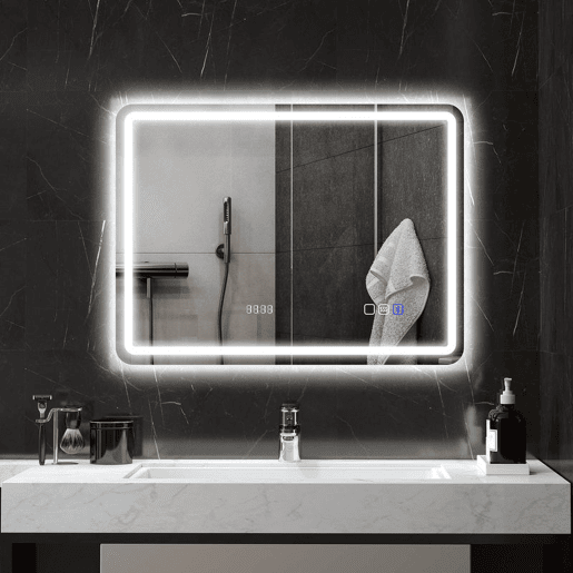 HOMCOM Espelho de Casa de Banho com Luz LED 80x60 cm Espelho de Parede com Bluetooth 3 Cores de Luz Relógio Digital Função Antiembaciamento Função de Memória Interruptor Tátil IP44 Prata