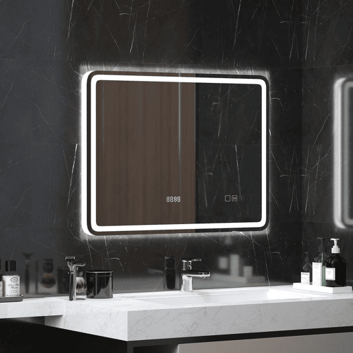 HOMCOM Espelho de Casa de Banho com Luz LED 80x60 cm Espelho de Parede com Bluetooth 3 Cores de Luz Relógio Digital Função Antiembaciamento Função de Memória Interruptor Tátil IP44 Prata