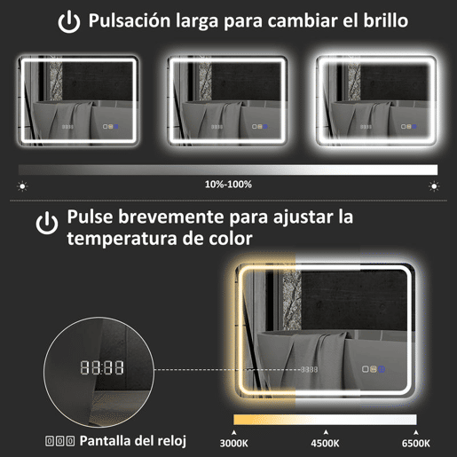 HOMCOM Espelho de Casa de Banho com Luz LED 80x60 cm Espelho de Parede com Bluetooth 3 Cores de Luz Relógio Digital Função Antiembaciamento Função de Memória Interruptor Tátil IP44 Prata