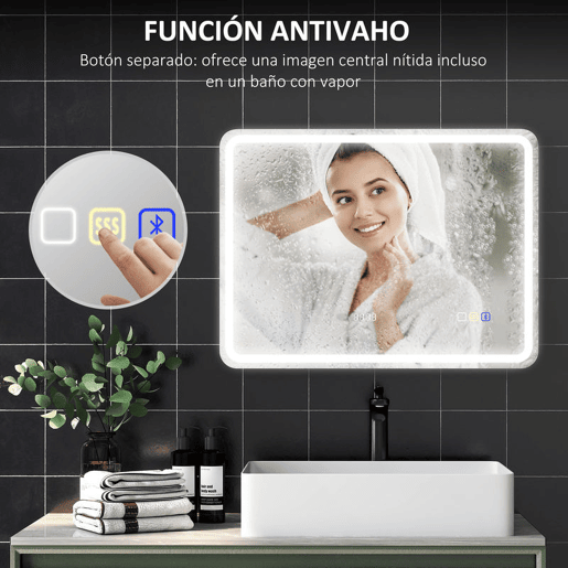 HOMCOM Espelho de Casa de Banho com Luz LED 80x60 cm Espelho de Parede com Bluetooth 3 Cores de Luz Relógio Digital Função Antiembaciamento Função de Memória Interruptor Tátil IP44 Prata