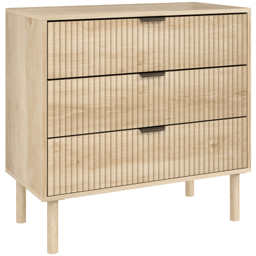 HOMCOM Cómoda com 3 Gavetas Cómoda Dormitório Estilo Nórdico com Sistema Anti-Tombo Painéis Ripados e Puxadores Metálicos 80x40x77,5 cm Madeira