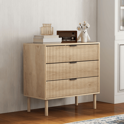 HOMCOM Cómoda com 3 Gavetas Cómoda Dormitório Estilo Nórdico com Sistema Anti-Tombo Painéis Ripados e Puxadores Metálicos 80x40x77,5 cm Madeira