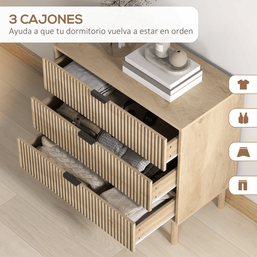 HOMCOM Cómoda com 3 Gavetas Cómoda Dormitório Estilo Nórdico com Sistema Anti-Tombo Painéis Ripados e Puxadores Metálicos 80x40x77,5 cm Madeira