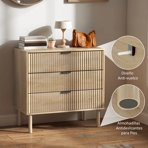 HOMCOM Cómoda com 3 Gavetas Cómoda Dormitório Estilo Nórdico com Sistema Anti-Tombo Painéis Ripados e Puxadores Metálicos 80x40x77,5 cm Madeira