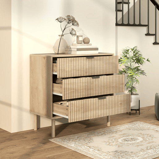 HOMCOM Cómoda com 3 Gavetas Cómoda Dormitório Estilo Nórdico com Sistema Anti-Tombo Painéis Ripados e Puxadores Metálicos 80x40x77,5 cm Madeira