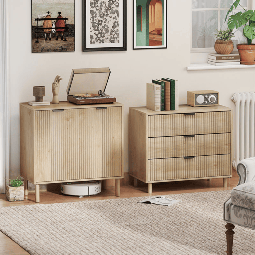 HOMCOM Cómoda com 3 Gavetas Cómoda Dormitório Estilo Nórdico com Sistema Anti-Tombo Painéis Ripados e Puxadores Metálicos 80x40x77,5 cm Madeira