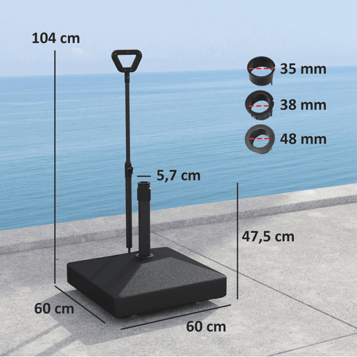Outsunny Base para Chapéu de Sol Quadrada Suporte para Chapéu de Sol com Rodas de Pé Recarregável com Água 45L ou Areia 55 kg para Jardim Varanda Preto
