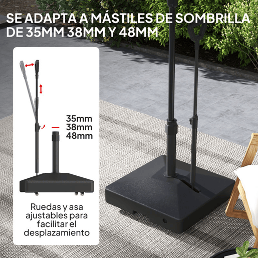 Outsunny Base para Chapéu de Sol Quadrada Suporte para Chapéu de Sol com Rodas de Pé Recarregável com Água 45L ou Areia 55 kg para Jardim Varanda Preto
