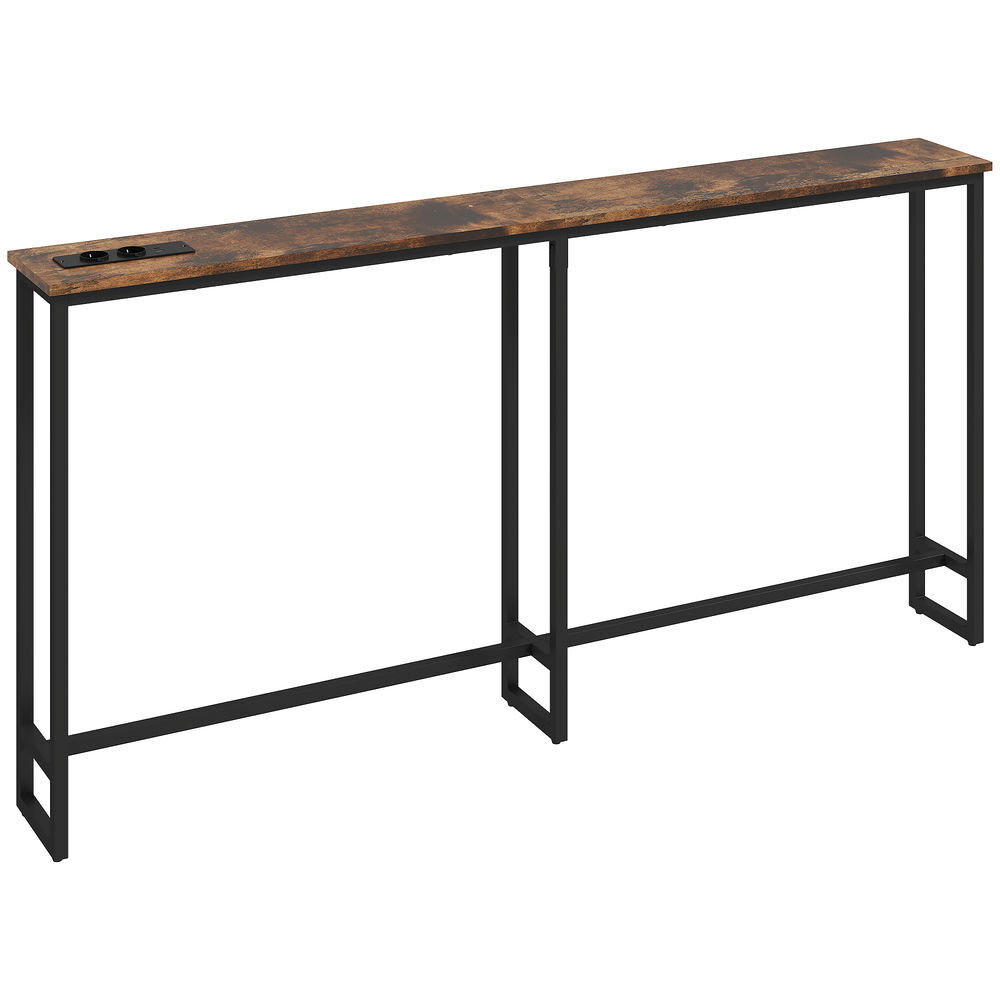 Homcom mesa de consola estrecha 160 cm con estación de carga consola de recibidor mesa de sofá marco de acero estilo industrial para pasillo entrada salón dormitorio marrón rústico