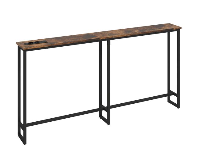 Homcom mesa de consola estrecha 160 cm con estación de carga consola de recibidor mesa de sofá marco de acero estilo industrial para pasillo entrada salón dormitorio marrón rústico