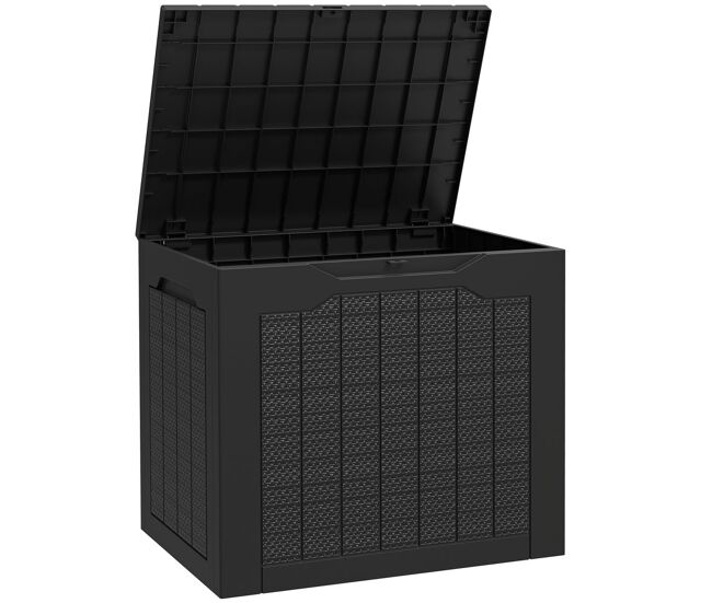 Outsunny baúl de almacenaje exterior 97l arcón de jardín exterior pequeño de plástico impermeable con 2 asas integradas y soporte para candado 56x41x50 cm negro