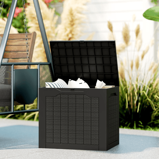 Outsunny Baú de Armazenamento Exterior 93L Caixa de Armazenamento de Jardim Pequeno de Plástico Impermeável com 2 Alças Integradas e Suporte para Cadeado 56x41x50 cm Preto