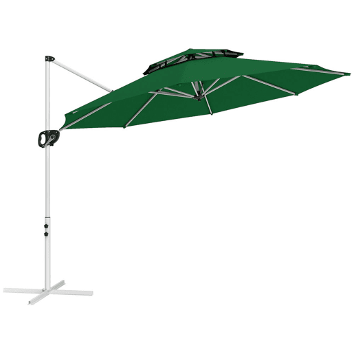 Outsunny Chapéu de Sol Excêntrico Ø292 cm Chapéu de Sol de Jardim com Manivela Rotativo 360° Inclinação Ajustável Duplo Teto e Base Cruzada Chapéu de Sol para Exterior Pátio Verde Escuro