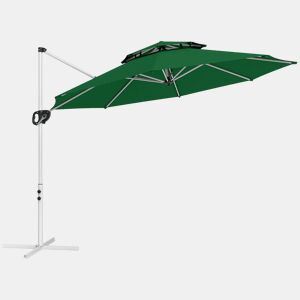 Outsunny Chapéu de Sol Excêntrico Ø292 cm Chapéu de Sol de Jardim com Manivela Rotativo 360° Inclinação Ajustável Duplo Teto e Base Cruzada Chapéu de Sol para Exterior Pátio Verde Escuro