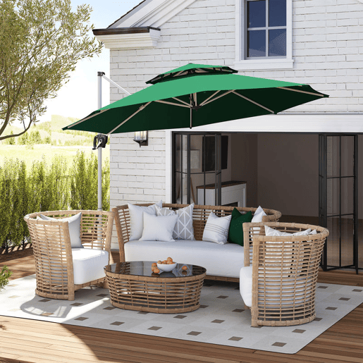 Outsunny Chapéu de Sol Excêntrico Ø292 cm Chapéu de Sol de Jardim com Manivela Rotativo 360° Inclinação Ajustável Duplo Teto e Base Cruzada Chapéu de Sol para Exterior Pátio Verde Escuro