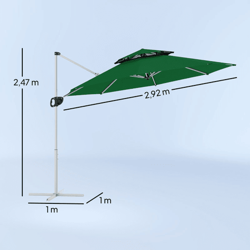 Outsunny Chapéu de Sol Excêntrico Ø292 cm Chapéu de Sol de Jardim com Manivela Rotativo 360° Inclinação Ajustável Duplo Teto e Base Cruzada Chapéu de Sol para Exterior Pátio Verde Escuro