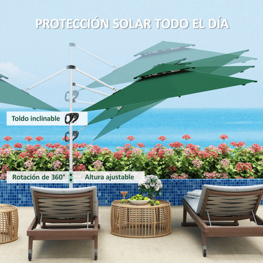 Outsunny Chapéu de Sol Excêntrico Ø292 cm Chapéu de Sol de Jardim com Manivela Rotativo 360° Inclinação Ajustável Duplo Teto e Base Cruzada Chapéu de Sol para Exterior Pátio Verde Escuro