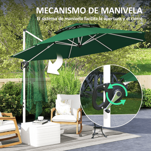 Outsunny Chapéu de Sol Excêntrico Ø292 cm Chapéu de Sol de Jardim com Manivela Rotativo 360° Inclinação Ajustável Duplo Teto e Base Cruzada Chapéu de Sol para Exterior Pátio Verde Escuro