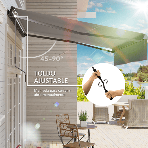 Outsunny Toldo Retrátil Manual para Jardim Toldo Exterior Ajustável com Manivela Proteção UV Estrutura de Metal e Alumínio 295x200 cm Cinzento