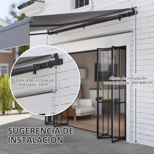 Outsunny Toldo Retrátil Manual para Jardim Toldo Exterior Ajustável com Manivela Proteção UV Estrutura de Metal e Alumínio 295x200 cm Cinzento