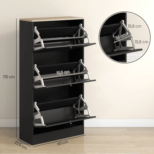 HOMCOM Sapateira Estreita com 3 Portas, Sapateira para Entrada ou Corredor, para 18 Pares de Sapatos, com Prateleiras Ajustáveis, 60x23,5x115 cm, Preto