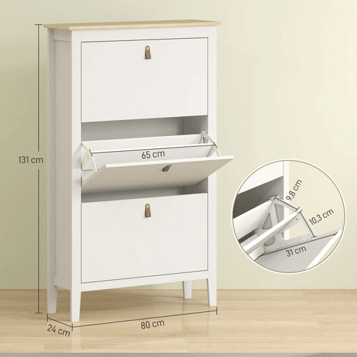 HOMCOM Sapateira Estreita Móvel Sapateira para Entrada com 3 Gavetas Abatíveis Prateleiras Ajustáveis e Puxadores em PU para 21 Pares de Sapatos para Corredor 80x24x131 cm Branco
