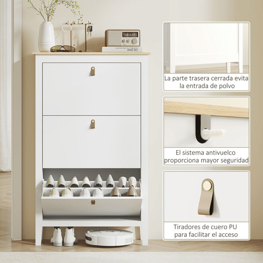 HOMCOM Sapateira Estreita Móvel Sapateira para Entrada com 3 Gavetas Abatíveis Prateleiras Ajustáveis e Puxadores em PU para 21 Pares de Sapatos para Corredor 80x24x131 cm Branco