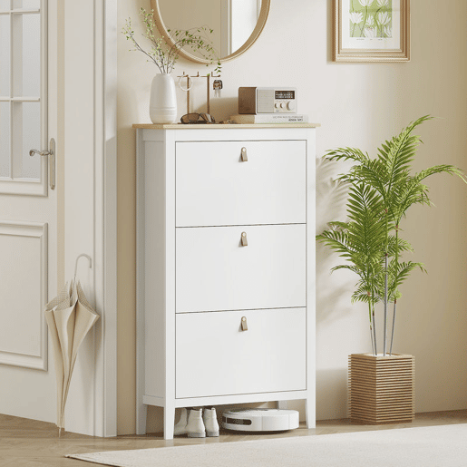 HOMCOM Sapateira Estreita Móvel Sapateira para Entrada com 3 Gavetas Abatíveis Prateleiras Ajustáveis e Puxadores em PU para 21 Pares de Sapatos para Corredor 80x24x131 cm Branco