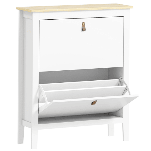 HOMCOM Sapateira Estreita Móvel Sapateira para Entrada com 2 Gavetas Abatíveis Prateleiras Ajustáveis e Puxadores em PU para 14 Pares de Sapatos para Corredor 80x24x95,5 cm Branco