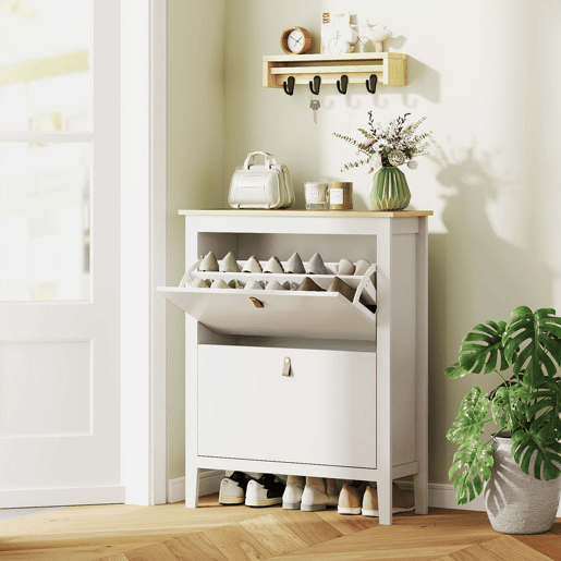 HOMCOM Sapateira Estreita Móvel Sapateira para Entrada com 2 Gavetas Abatíveis Prateleiras Ajustáveis e Puxadores em PU para 14 Pares de Sapatos para Corredor 80x24x95,5 cm Branco