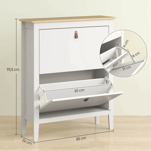 HOMCOM Sapateira Estreita Móvel Sapateira para Entrada com 2 Gavetas Abatíveis Prateleiras Ajustáveis e Puxadores em PU para 14 Pares de Sapatos para Corredor 80x24x95,5 cm Branco