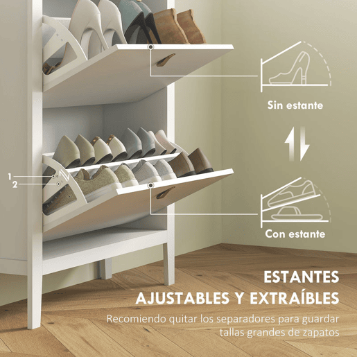 HOMCOM Sapateira Estreita Móvel Sapateira para Entrada com 2 Gavetas Abatíveis Prateleiras Ajustáveis e Puxadores em PU para 14 Pares de Sapatos para Corredor 80x24x95,5 cm Branco