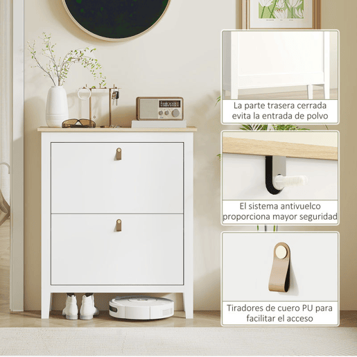 HOMCOM Sapateira Estreita Móvel Sapateira para Entrada com 2 Gavetas Abatíveis Prateleiras Ajustáveis e Puxadores em PU para 14 Pares de Sapatos para Corredor 80x24x95,5 cm Branco