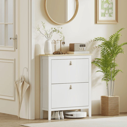 HOMCOM Sapateira Estreita Móvel Sapateira para Entrada com 2 Gavetas Abatíveis Prateleiras Ajustáveis e Puxadores em PU para 14 Pares de Sapatos para Corredor 80x24x95,5 cm Branco