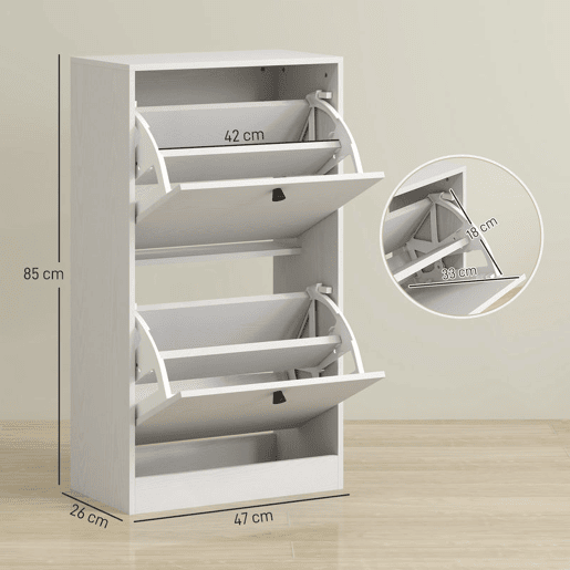 HOMCOM Sapateira Estreita Móvel Sapateira de Entrada com 2 Gavetas Abatíveis e Prateleiras Ajustáveis para 8 Pares de Sapatos Armário para Sapatos para Corredor 47x26x85 cm Branco