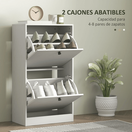 HOMCOM Sapateira Estreita Móvel Sapateira de Entrada com 2 Gavetas Abatíveis e Prateleiras Ajustáveis para 8 Pares de Sapatos Armário para Sapatos para Corredor 47x26x85 cm Branco