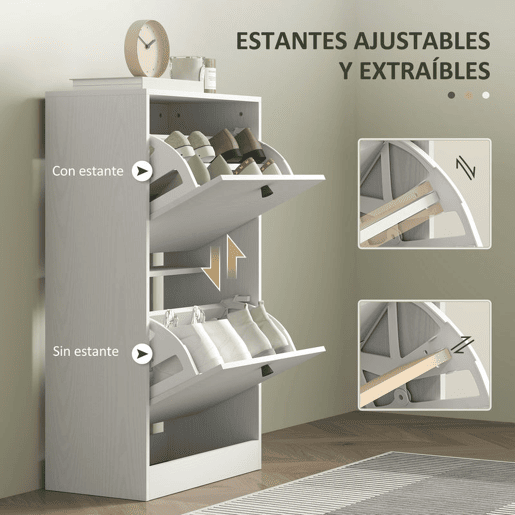 HOMCOM Sapateira Estreita Móvel Sapateira de Entrada com 2 Gavetas Abatíveis e Prateleiras Ajustáveis para 8 Pares de Sapatos Armário para Sapatos para Corredor 47x26x85 cm Branco