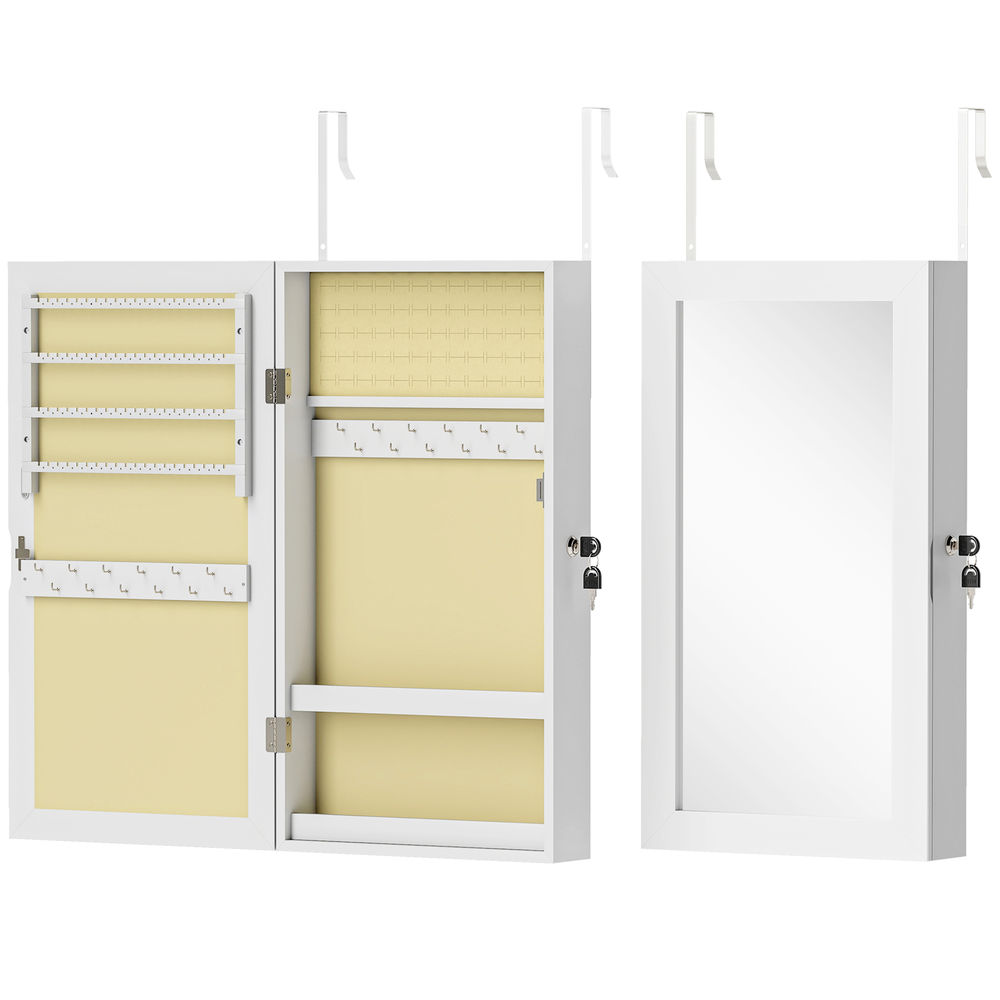 Homcom espejo joyero de pared armario para joyas con cerradura y varios compartimentos montar en pared o puerta para pendiente collar anillo pulsera regalo blanco y forro crema