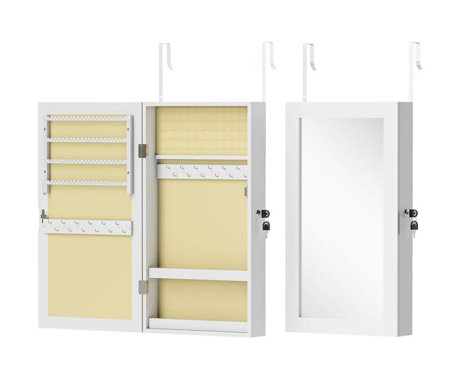 Homcom espejo joyero de pared armario para joyas con cerradura y varios compartimentos montar en pared o puerta para pendiente collar anillo pulsera regalo blanco y forro crema